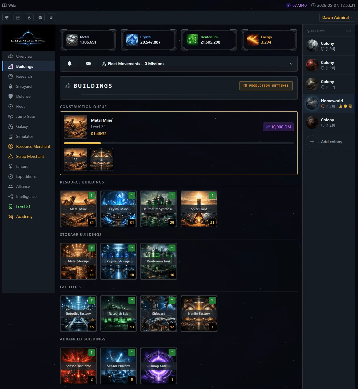 Buildings page in CozmoGame