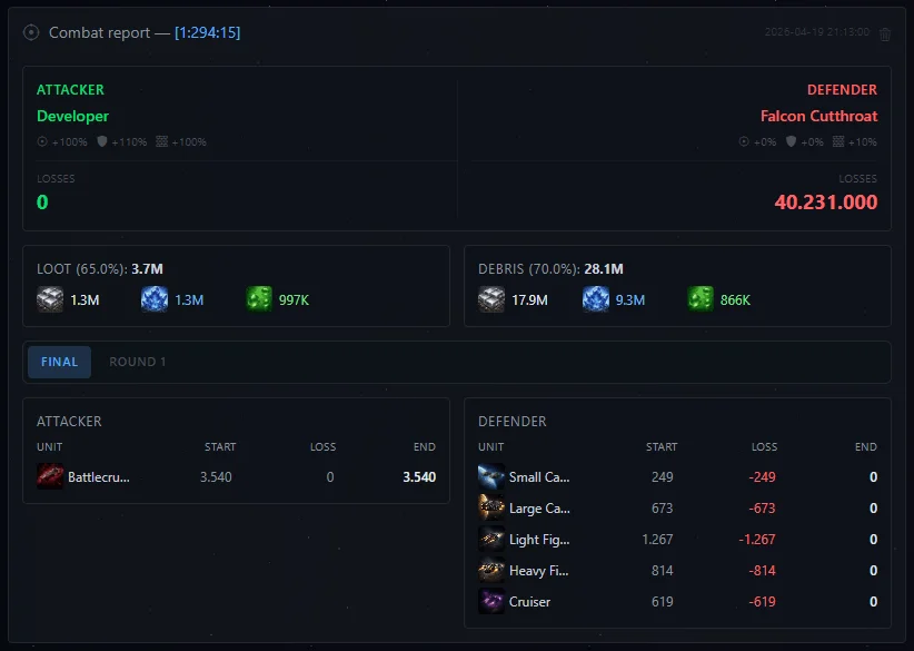 Combat report in CozmoGame