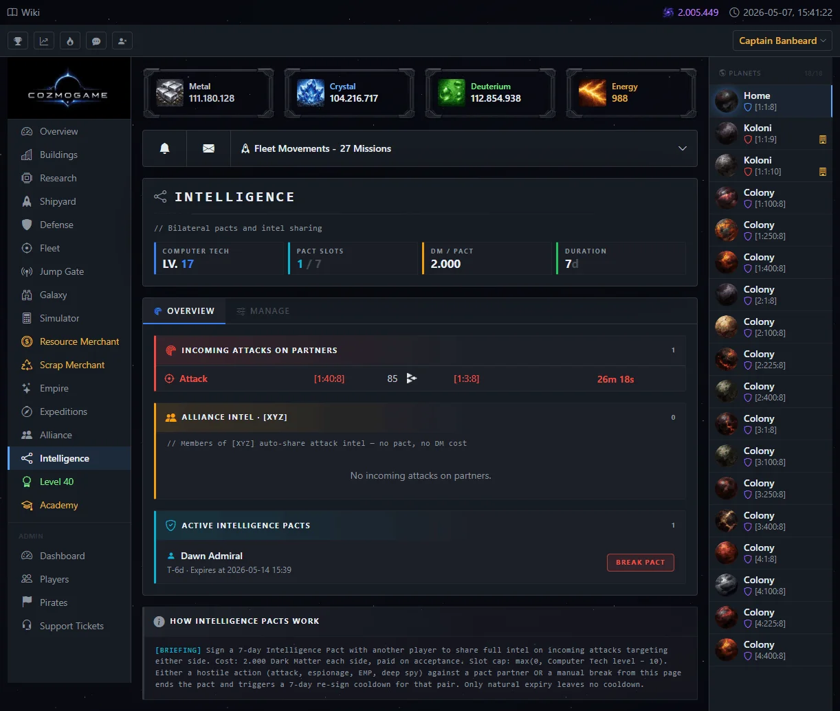 Intelligence Pacts page in CozmoGame